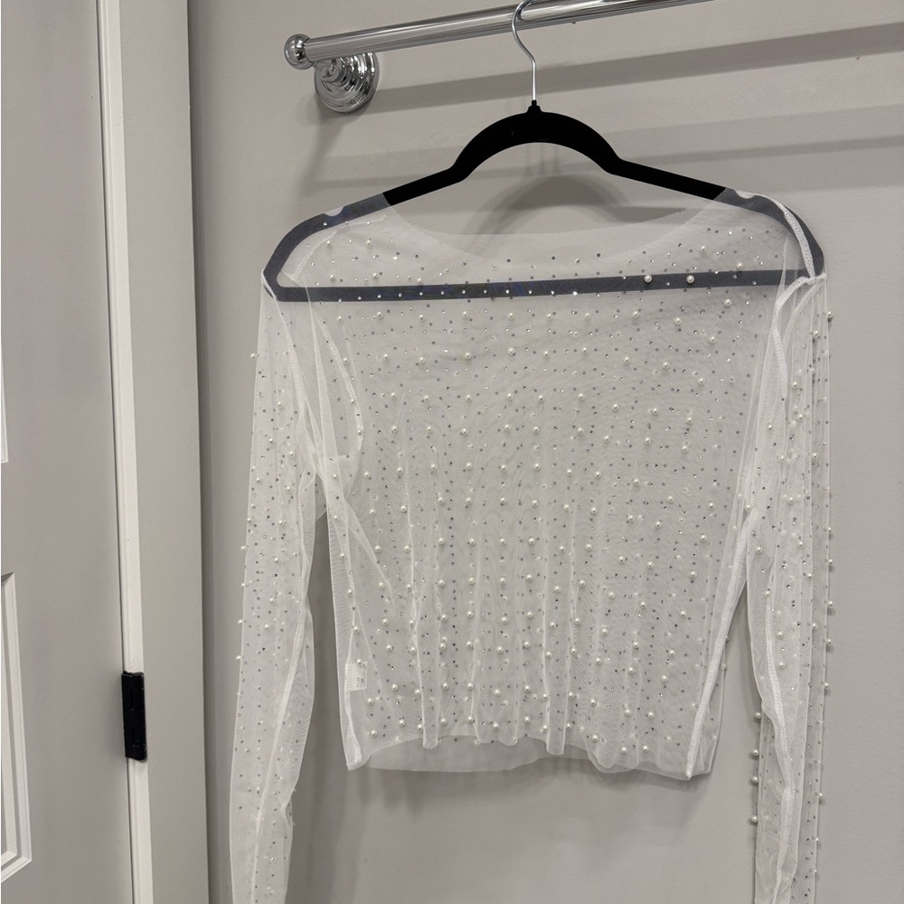 Sheer White Long Sleeve Top with Pearl Accents